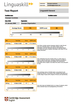 Page 1 of a Linguaskill Test report example